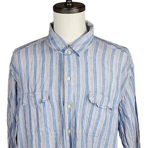 Tommy Bahama Relax Shirt Men's XXL Linen Long Sleeve Striped Button Up Blue